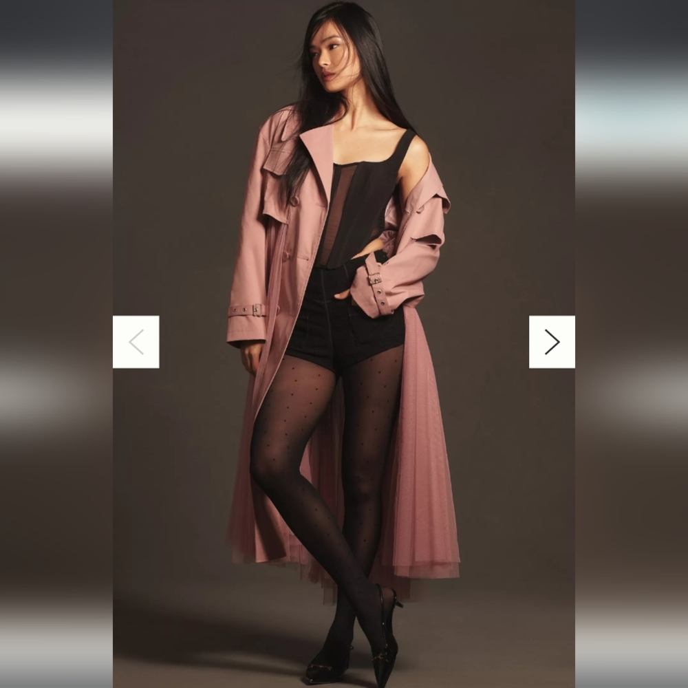 Anthropologie Womens Blush Pink Trench Coat Tulle Pleated Detail Size Small Flaw - Picture 3 of 14